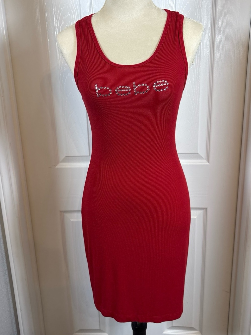 bebe Red Ribbed Scoop Tank with Logo Tag